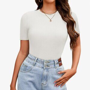 NEW WITH TAGS XL Short Sleeve Summer Layering Ribbed Knit Crewneck Shirt White